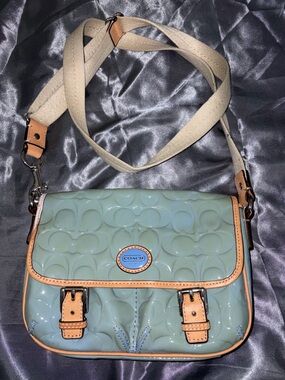 Coach Pale Teal Patent Crossbody with Tan Trim